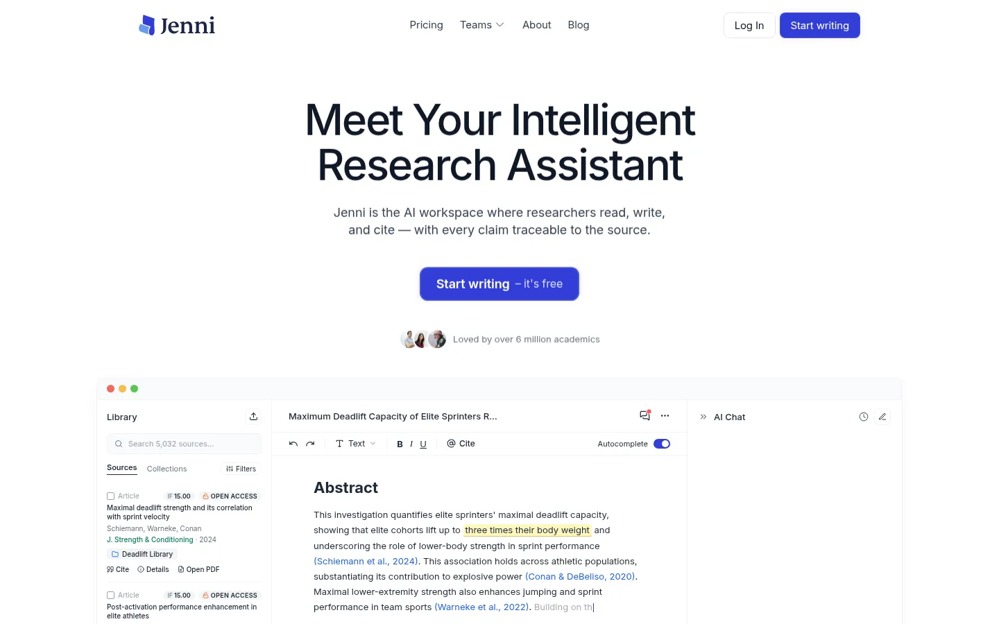 Jenni AI academic writing assistant with autocomplete and inline citations